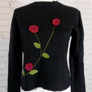 Rene Derhy Black Ramie Sweater Crochet Red Roses